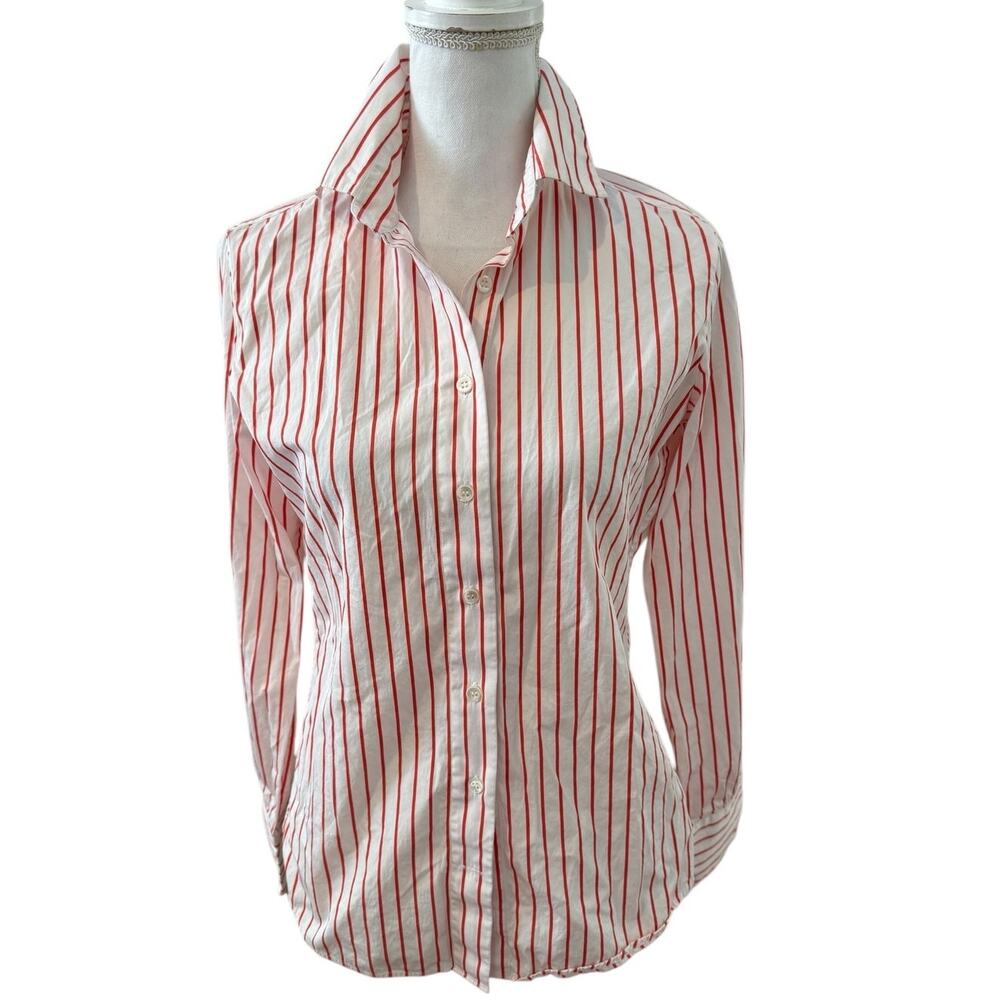 Faconnable Ladies Striped Button Down Poplin Shirt White Red Orange 6